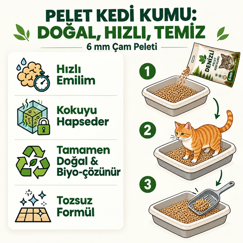 Pelet kedi kumu özellikleri hızlı emilim kokusuz tozsuz patiye yapışmaz 20 LT
